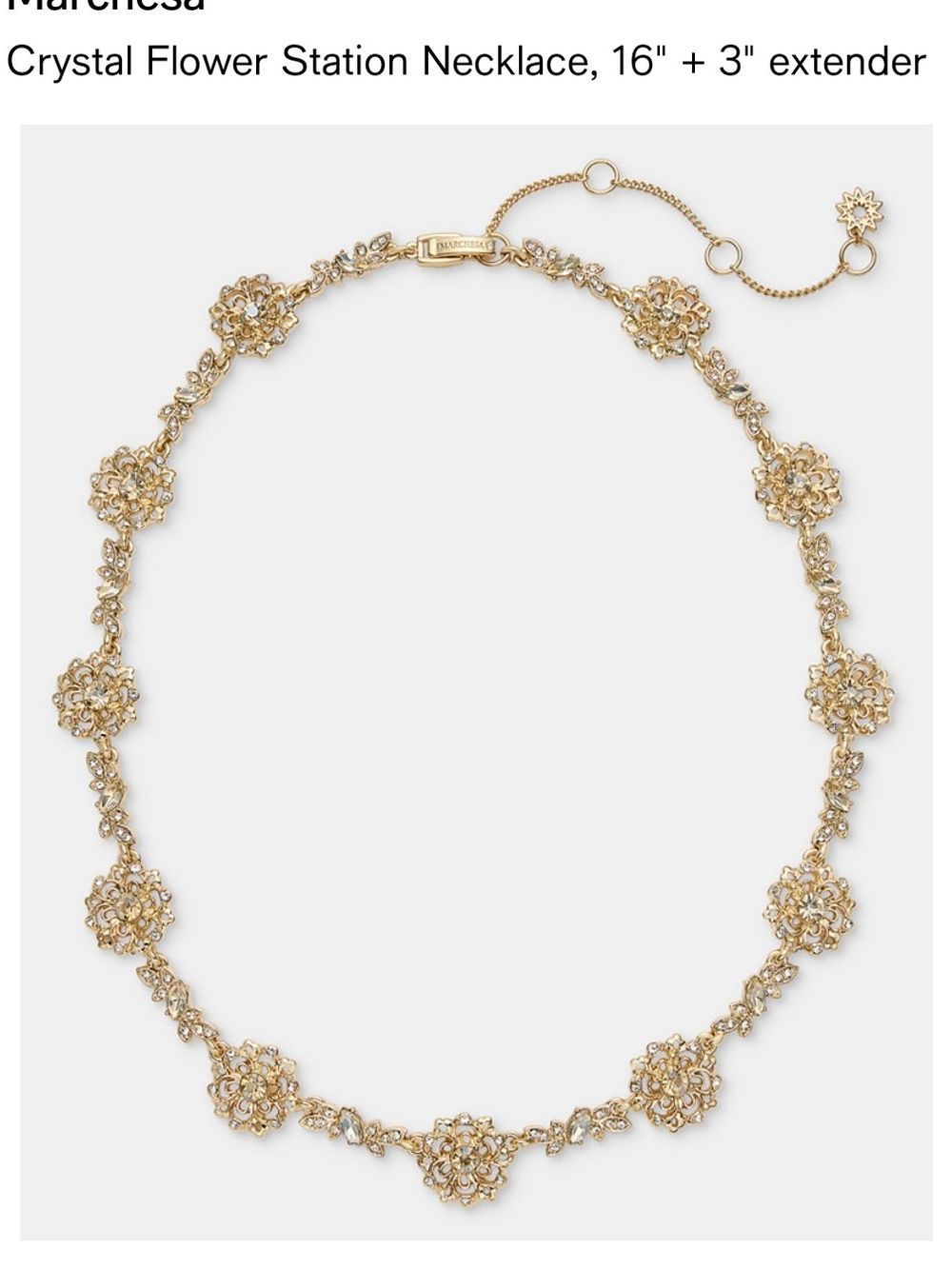Marchesa Crystal Flower Station Necklace Gold Tone 16" + 3" Extender